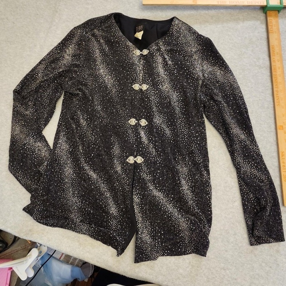 Teddi Evening Jacket Womens 16 Metallic Silver Long Sleeve Hook Closure Party